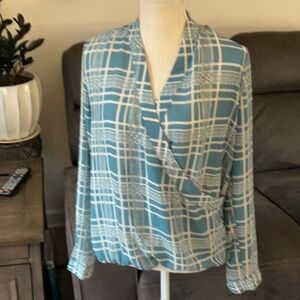 Cabi faux wrap blue windowpane blouse